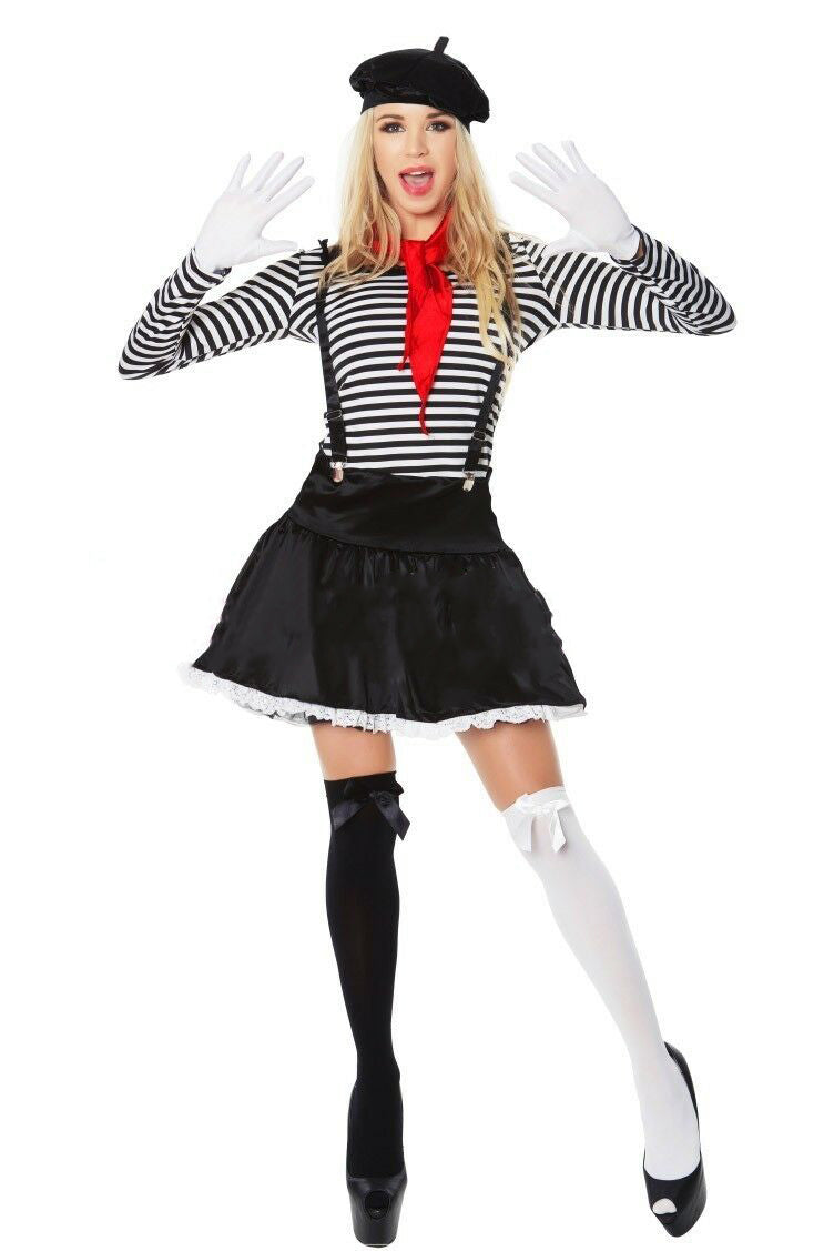 Ladies Mesmerizing Mime Costume French Artist Clown Circus Fancy Dress Outfits - Lets Party