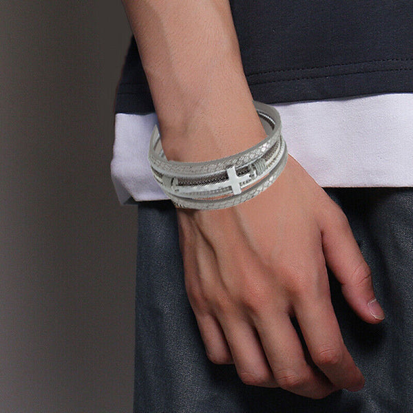 Men Cross Bracelet Multi-Layer Leather Wristband Stainless Steel Stylish Gift AU
