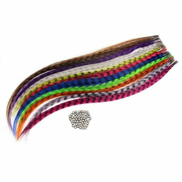 50pcs Grizzly Synthetic Feather Straight Hair Extensions 40cm With 50 Beads Set