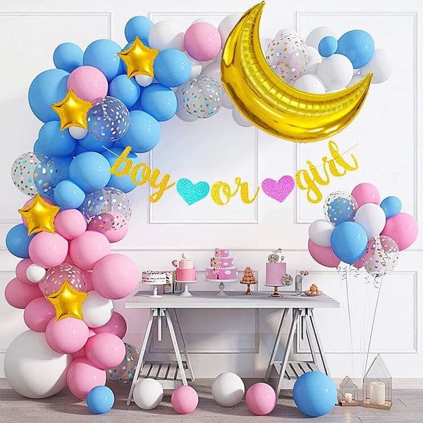 126PCS Gender Reveal Balloon Arch Garland Kit Moon Star Pink Blue Baby Shower