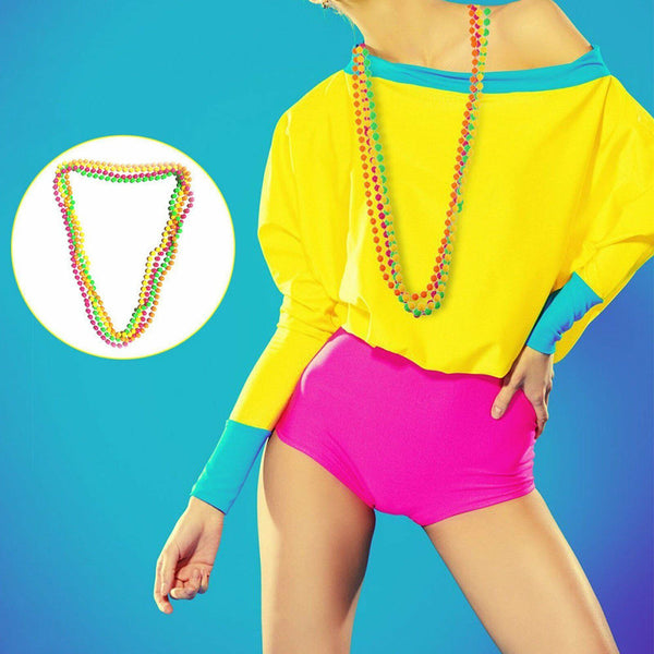 70s/80s Theme Neon Plastic Beads Long Necklace Bracelets Costume Hot Disco Fancy