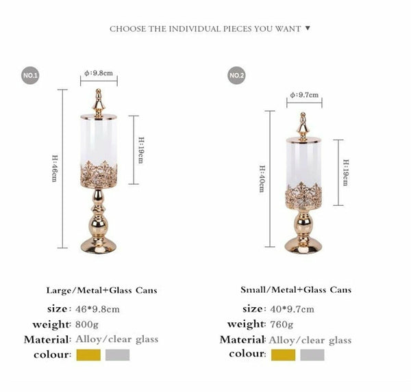 2xWedding Gold Metal Candy Jar Dessert Table Decor Covered Biscuit Glass Storage