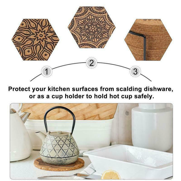 12PCS Cup Coasters Coffee Pad With Rack Nordic Mandala Round Cork Coaster New AU