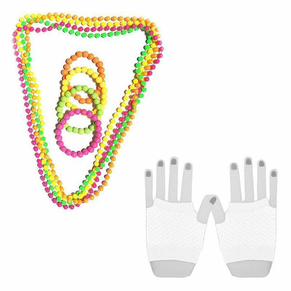 70s/80s Theme Neon Plastic Beads Long Necklace Bracelets Costume Hot Disco Fancy