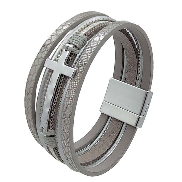 Men Cross Bracelet Multi-Layer Leather Wristband Stainless Steel Stylish Gift AU