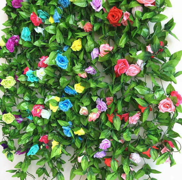 2X=4.8M Artificial Rose Garland Silk Flower Vine Ivy Wedding Yard Garden Decorti