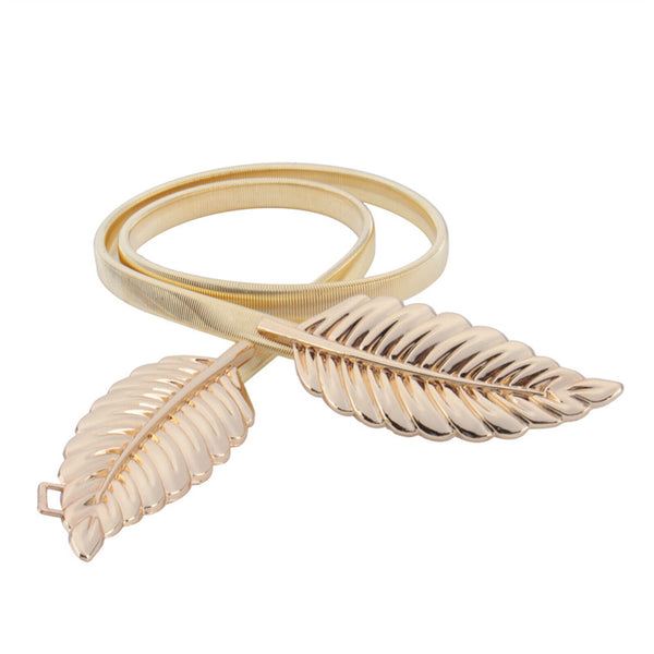 2PCS Women Gold Leaf Belt Elastic Metal Stretch Buckle Skinny Waist Dress Belt