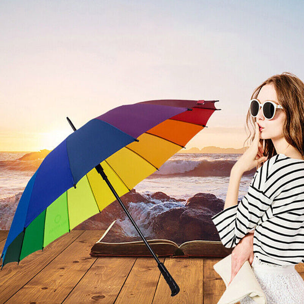 16 Ribs Large Rainbow Umbrella Fashion Straight Long Handle Anti UV Sun Rain AU