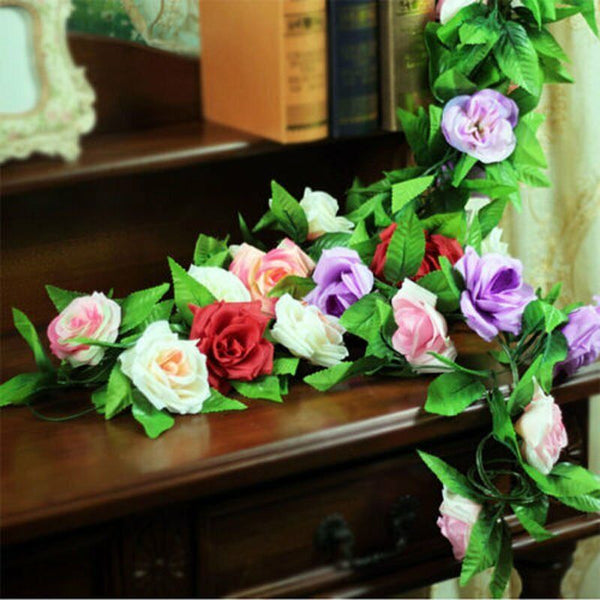 2.4M Artificial Silk Rose Flowers Fake Vine Ivy Hanging Garland Floral Wedding