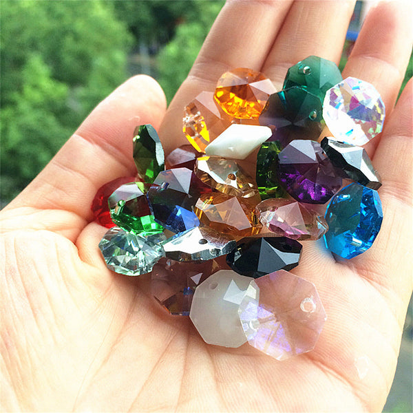 20 x octagon beads mixed colours crystal glass suncatchers mobiles 14mm 2 holes