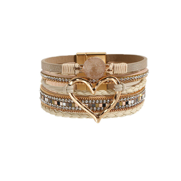 Chic Women Multi-Color Leather Wrap Bracelet Love Heart Charms Magnetic Clasp