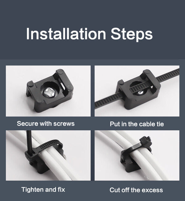 200x Cable Zip Ties and Base Mount Kit Screw Fixing Wire Holder Organizer Black