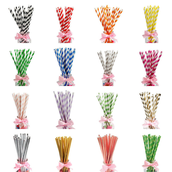 100x Colourful Paper Drinking Straws Straw FOIL Metallic Striped Party Wedding