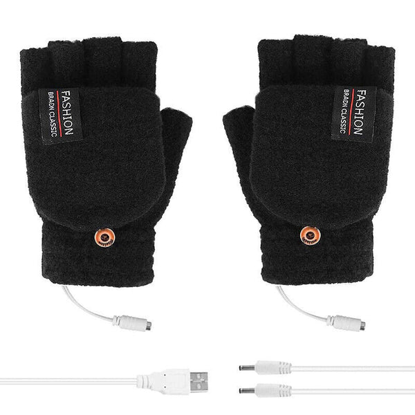 Winter Electric Rechargeable Mitten Heated Gloves Half Finger W/Hat USB Knitted