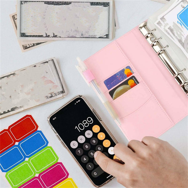 A6 PU Laser Leather Notebook Binder Budget Planner Organizer Cash Binder Pockets
