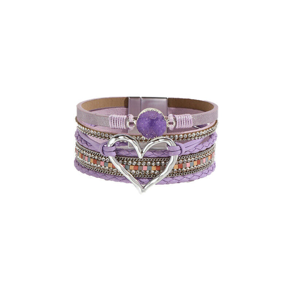 Chic Women Multi-Color Leather Wrap Bracelet Love Heart Charms Magnetic Clasp