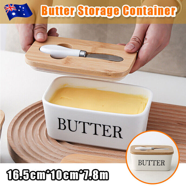 Ceramic Butter Dish Box Storage Tray Container w/ Bamboo Lid & Butter Cutter