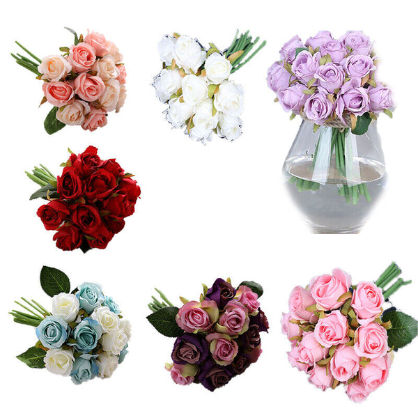 12 Heads Silk Rose Artificial Flowers Fake Bouquet Buch Home Wedding Party Decor