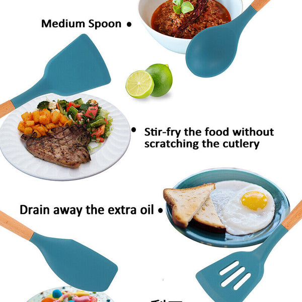 12Pcs Blue Silicone Utensils Cooking Kitchen Set Wooden Baking Cookware BPA - Lets Party
