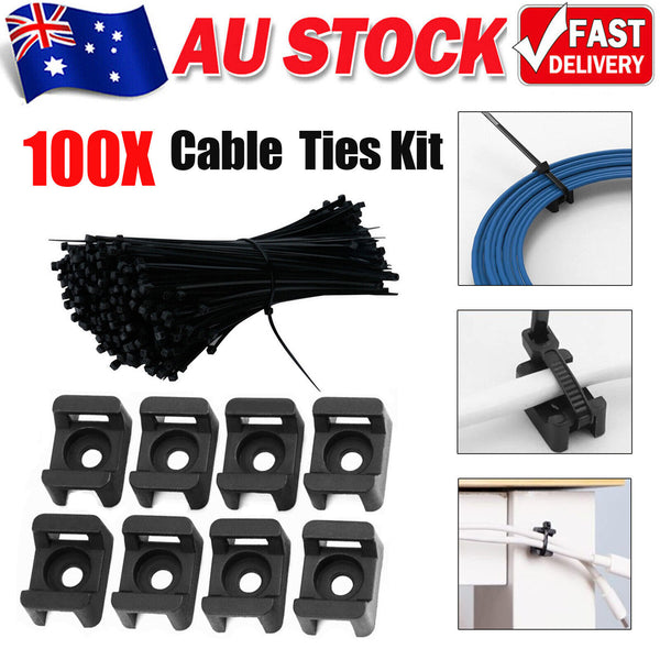 200x Cable Zip Ties and Base Mount Kit Screw Fixing Wire Holder Organizer Black