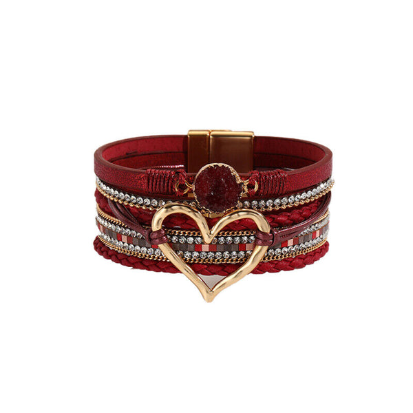 Chic Women Multi-Color Leather Wrap Bracelet Love Heart Charms Magnetic Clasp