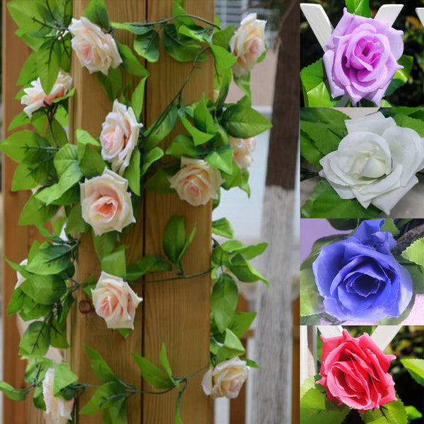 2X=4.8M Artificial Rose Garland Silk Flower Vine Ivy Wedding Yard Garden Decorti
