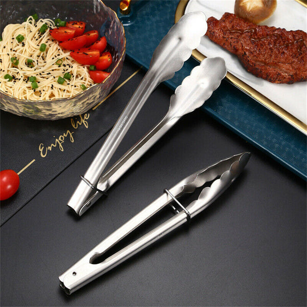 4x Kitchen Tong Food Holder Stainless Steel Grilling BBQ Salad Serving Clip Tong - Lets Party