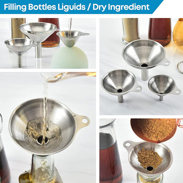 3X Stainless Steel Funnel Oil Liquid Funnel Metal Funnel With Hanging Rings