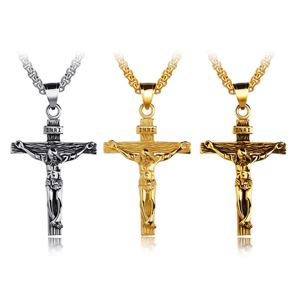 Men Stainless Steel Gold Silver Old Gold Jesus Crucifix Pendant Chain Necklace