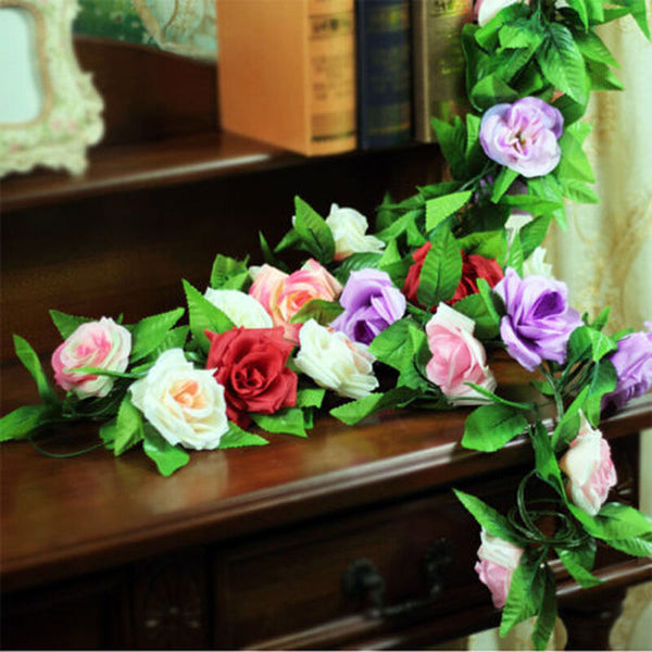 2X=4.8M Artificial Rose Garland Silk Flower Vine Ivy Wedding Yard Garden Decorti