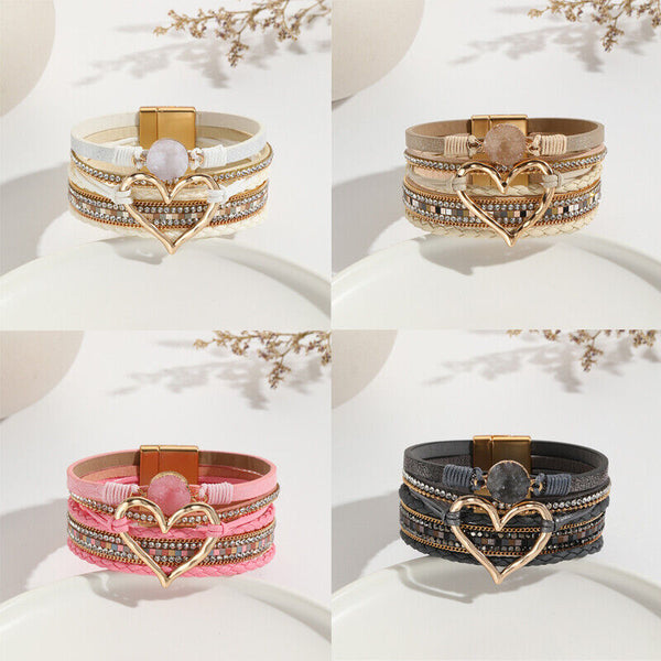 Chic Women Multi-Color Leather Wrap Bracelet Love Heart Charms Magnetic Clasp
