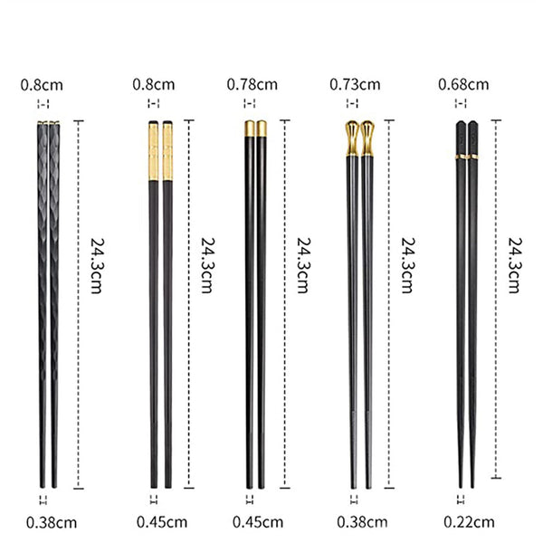 5Pairs Alloy Chopsticks Fibreglass Set Black Premium Asian Japanese Gold Black
