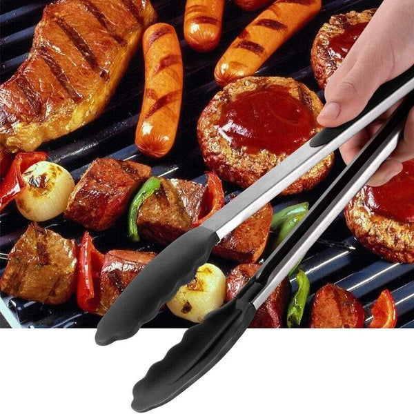 2Pack Black Kitchen Tongs Premium Silicone BPA Free Non-Stick Stainless Steel AU