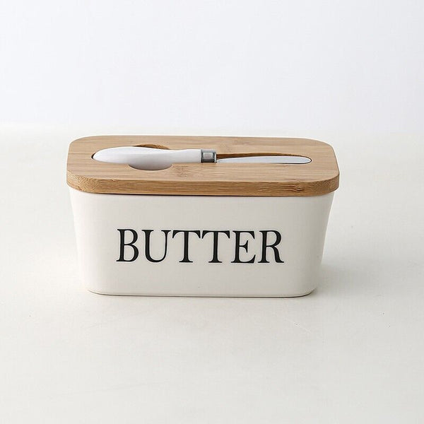 Ceramic Butter Dish Box Storage Tray Container w/ Bamboo Lid & Butter Cutter