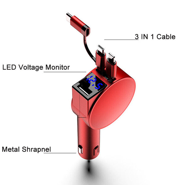 3 IN 1 Fast Retractable Car Charger USB Port Charging Adapter for iPhone Android