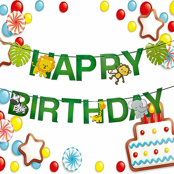 1x Happy birthday Baby Shower Safari Jungle Animal Paper Banner Bunting Garland - Lets Party