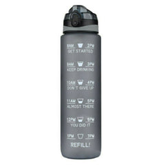 1L Grey Water Bottle Motivational Drink Flask With Time Markings BPA Free Sport Gym