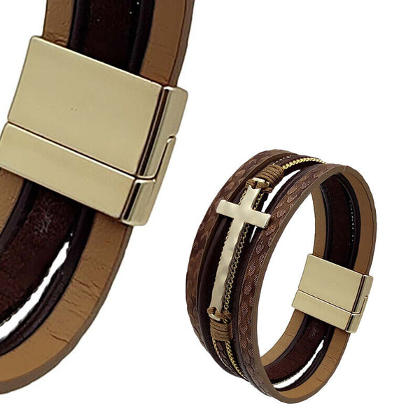 Men Cross Bracelet Multi-Layer Leather Wristband Stainless Steel Stylish Gift AU