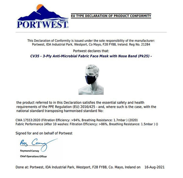 Portwest CV35 Face Mask Fabric Anti Microbial Triple Layer Washable Reusable AU