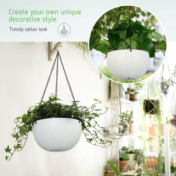 2x Landen Rattan Hanging Plant Pots Flower Baskets Planters Self Watering Wall