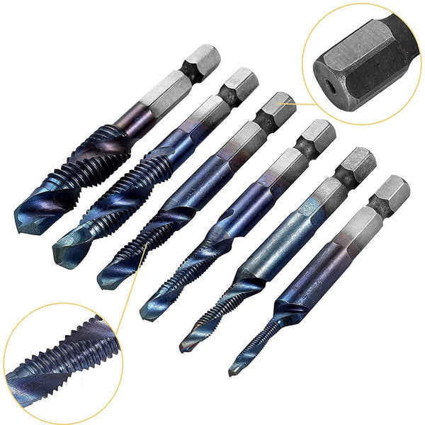 6PCS Metric Thread M3-M10 Titanium Coated Drill and Tap Bits 1/4 Hex Shank Tools