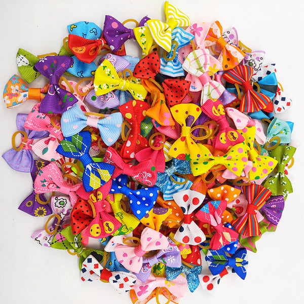 UP TO 100 Pcs Mixed Pet Small Dog Hair Bows Rubber Bands Puppy Cat Grooming Deco