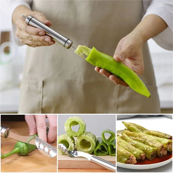 2in1 Pepper Chili Corer Jalapeno Seed Remover Twist Cutter Tool Stainless Steel