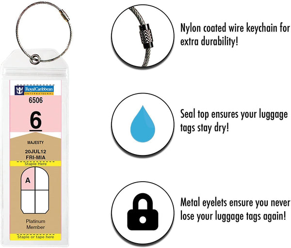 4/8X Cruise Ship Luggage Tag Holders Zip Seal Pouch Keyring Steel Wire Loop Set