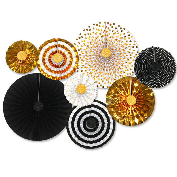 8PCS Paper Fans Party Decorations Bridal Shower Birthday Decorations Black Gold