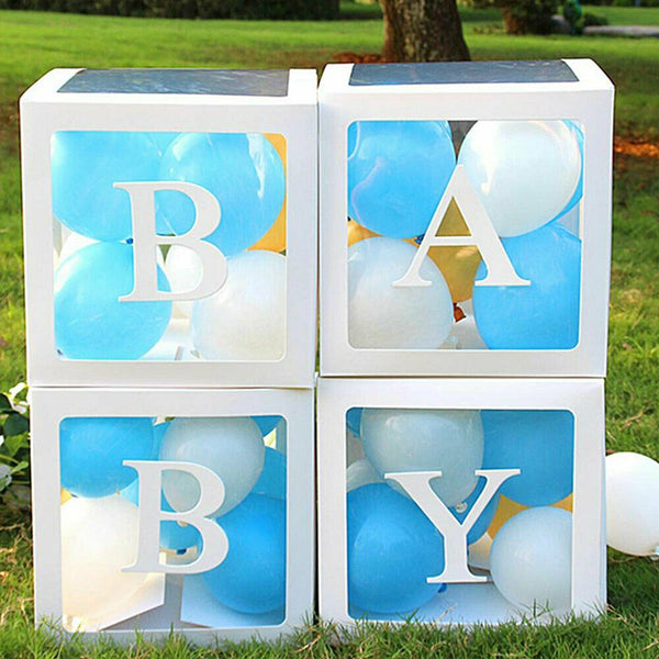 4Pcs/Set Cube Clear BABY Balloon Box Boxes Baby Shower Party Decoration White AU
