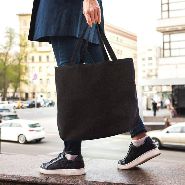 Black Plain Canvas Tote Bag With Base Large Capacity Handbag Casual Shoulder Bag
