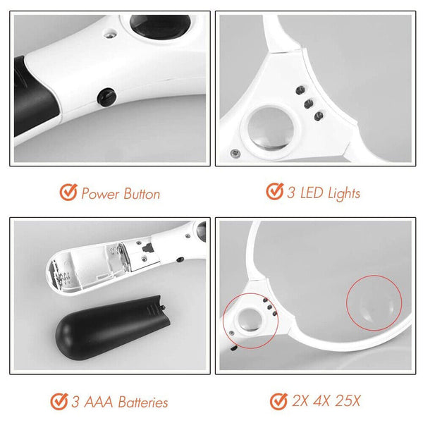 Extra Large Handheld Reading Magnifier 25X Magnifying Glass With 3 LED Lights 2X
