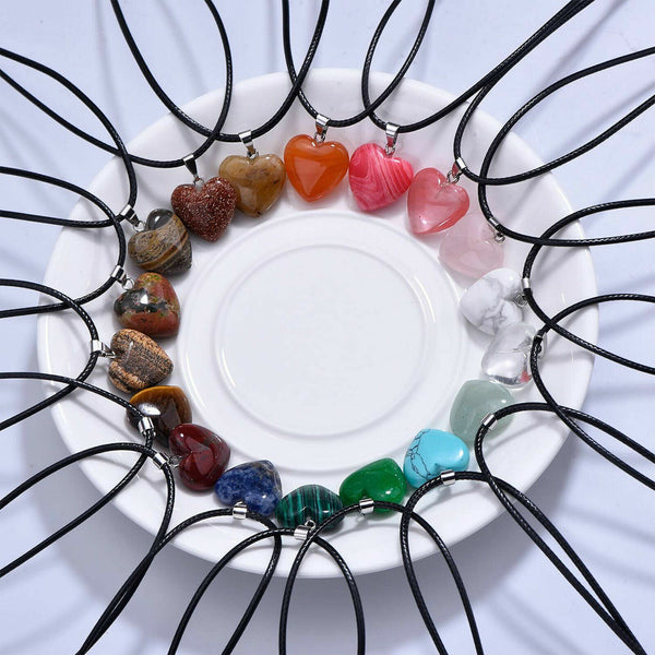 6-120Heart Gemstone Natural Quartz Crystal Healing Chakra Stone Pendant Necklace