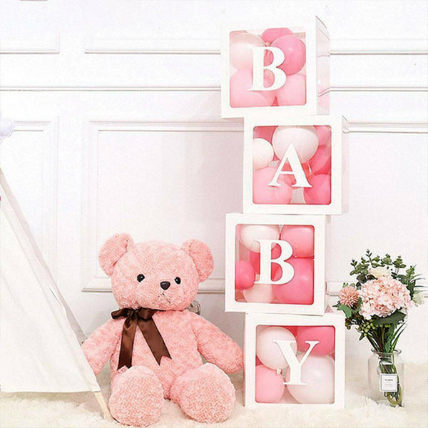 4Pcs/Set Cube Clear BABY Balloon Box Boxes Baby Shower Party Decoration White AU